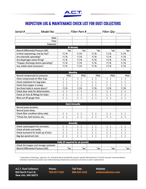 Inspection Log & Dust Collector Maintenance Checklist